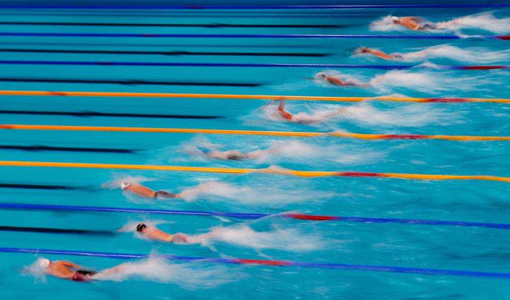 BARCELONA, SPAIN - AUGUST 02:  A general view of action as athletes compete during the Swimming Men's Freestyle 4x200m Final on day fourteen of the 15th FINA World Championships at Palau Sant Jordi on August 2, 2013 in Barcelona, Spain.  (Photo by Adam Pretty/Getty Images)