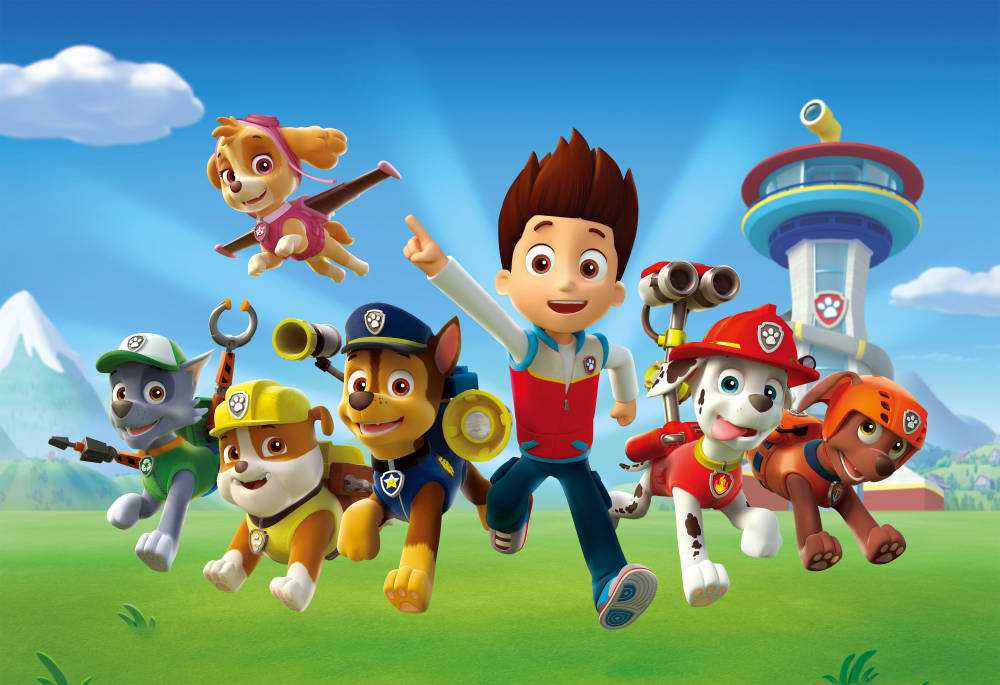 Pictured: (flying) Skye,  (l-r) Zuma, Rubbble, Chase, Ryder,Marshall and Rocky  in  PAW PATROL on NICKELODEON.  Photo: Nickelodeon. ©2013 Viacom, International, Inc.  All Rights Reserved