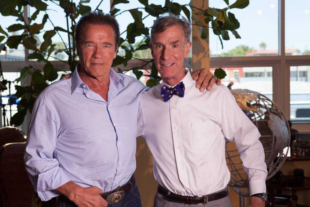 CALIF.- Hollywood action star and environmental advocate former California Gov. Arnold Schwarzenegger cameos as Bill Nye’s climate change therapist in Explorer: Bill Nye’s Global Meltdown. (Photo Credit: National Geographic Channels/Gina Cholick)