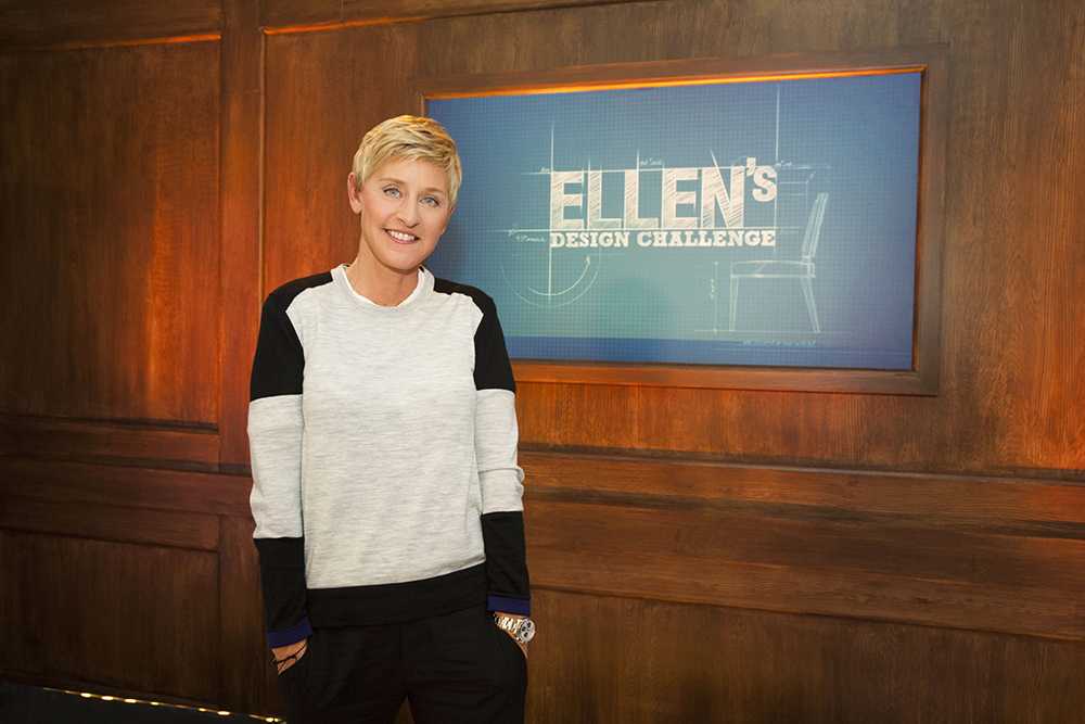 As seen on Ellen's Design Challenge, after announcing that designer Tim McClellan had won the competition, Ellen DeGeneres posed for a portrait. (portrait)
