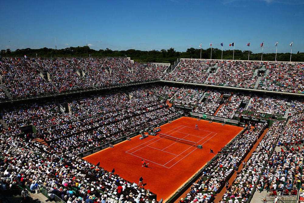 PARIS, FRANCE - JUNE 07:  A general view over Court Philippe Chatrier during the Men's Singles Final betwen Novak Djokovic of Serbia and Stanislas Wawrinka of Switzerland on day fifteen of the 2015 French Open at Roland Garros on June 7, 2015 in Paris, France.  (Photo by Dan Istitene/Getty Images)