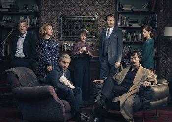 Picture shows: D.I. Lestrade (RUPERT GRAVES), Mary Watson (AMANDA ABBINGTON), John Watson (MARTIN FREEMAN), Mrs Hudson (UNA STUBBS), Mycroft Holmes (MARK GATISS), Sherlock Holmes (BENEDICT CUMBERBATCH) and Molly Hooper (LOUISE BREALEY).