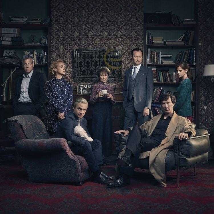 Picture shows: D.I. Lestrade (RUPERT GRAVES), Mary Watson (AMANDA ABBINGTON), John Watson (MARTIN FREEMAN), Mrs Hudson (UNA STUBBS), Mycroft Holmes (MARK GATISS), Sherlock Holmes (BENEDICT CUMBERBATCH) and Molly Hooper (LOUISE BREALEY).