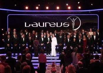 MONACO - FEBRUARY 27:  Prince Albert II of Monaco and his wife Charlene,Princess of Monaco on stage with the Academy Members during the 2018 Laureus World Sports Awards show at Salle des Etoiles, Sporting Monte-Carlo on February 27, 2018 in Monaco, Monaco.  (Photo by Stuart C. Wilson/Getty Images for Laureus)