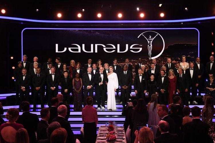 MONACO - FEBRUARY 27: Prince Albert II of Monaco and his wife Charlene,Princess of Monaco on stage with the Academy Members during the 2018 Laureus World Sports Awards show at Salle des Etoiles, Sporting Monte-Carlo on February 27, 2018 in Monaco, Monaco. (Photo by Stuart C. Wilson/Getty Images for Laureus)
