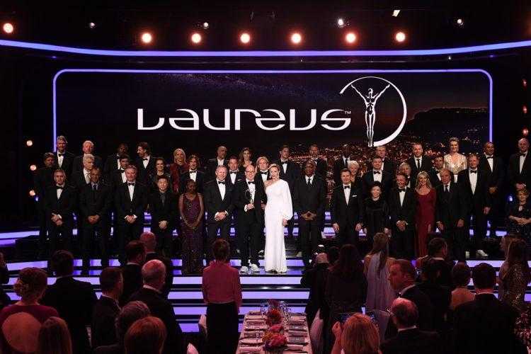 MONACO - FEBRUARY 27:  Prince Albert II of Monaco and his wife Charlene,Princess of Monaco on stage with the Academy Members during the 2018 Laureus World Sports Awards show at Salle des Etoiles, Sporting Monte-Carlo on February 27, 2018 in Monaco, Monaco.  (Photo by Stuart C. Wilson/Getty Images for Laureus)