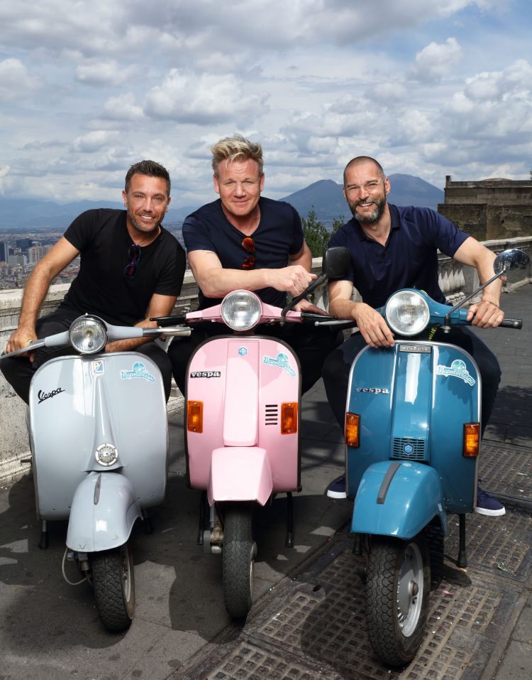 EMBARGOED PICTURE: FOR PUBLICATION FROM TUESDAY 2ND OCTOBER 2018
From Studio Ramsay 

GORDON, GINO AND FRED: ROADTRIP
Ep1 The Italian Job 
Wednesday 10th October 2018 on ITV 

Pictured: Gino D'Acampo, Gordon Ramsay and Fred Sirieix in Naples in the shadow of Mount Vesuvius take to mopeds in search of the oldest pizzeria in town

Three big egos, one small van. Gordon, Gino and Fred pack up their camper van once again and head off on a European adventure, but this time itÕs personal as each episode takes us on a tour of their cherished homelands, each of them with a special occasion to prepare for. With three countries, three weeks and three coqs au vin in close confinement what could possibly go wrong?

 In episode one, Gordon, Gino and Fred start their road trip in GinoÕs homeland of Italy, where Gino needs help to pull off an event that is close to his heart. His best friendÕs vow renewal ceremony is taking place in front of 50 guests, in just four daysÕ time.

© ITV 

Photographer: Tony Ward 

For further information please contact Peter Gray
0207 157 3046 peter.gray@itv.com  

This photograph is © ITV and can only be reproduced for editorial purposes directly in connection with the  programme GORDON, GINO AND FRED: ROADTRIP or ITV. Once made available by the ITV Picture Desk, this photograph can be reproduced once only up until the Transmission date and no reproduction fee will be charged. Any subsequent usage may incur a fee. This photograph must not be syndicated to any other publication or website, or permanently archived, without the express written permission of ITV Picture Desk. Full Terms and conditions are available on the website www.itvpictures.com