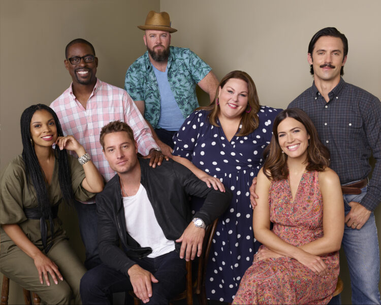 THIS IS US -- Season: 4 -- Pictured: (l-r) Susan Kelechi Watson, Sterling K. Brown, Justin Hartley as Kevin Pearson, Chris Sullivan as Toby Damon, Chrissy Metz as Kate Pearson, Mandy Moore as Rebecca, Milo Ventimiglia as Jack Pearson -- (Photo by: Jeff Lipsky/NBC)