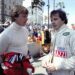 STREETS OF LONG BEACH, UNITED STATES OF AMERICA - APRIL 04: Didier Pironi and Gilles Villeneuve talk in the Ferrari pit during the United States GP West at Streets of Long Beach on April 04, 1982 in Streets of Long Beach, United States of America. (Photo by Rainer Schlegelmilch)