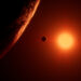 Picture Shows: Trappist – 1 is a red dwarf star. Just 10% the mass of the Sun, and 1% as bright, it’s red light dimly lights its seven earth-size planets.