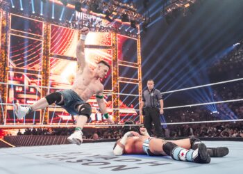 RIYADH, SAUDI ARABIA - JUNE 28: John Cena vs. CM Punk, Seth Rollins, Bronson Reed, Bron Breakker, Paul Heyman; during Night Of Champions at Kingdom Arena on June 28, 2025 in Riyadh, Saudi Arabia.