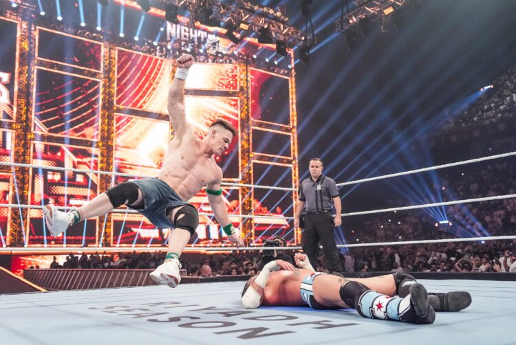 RIYADH, SAUDI ARABIA - JUNE 28: John Cena vs. CM Punk, Seth Rollins, Bronson Reed, Bron Breakker, Paul Heyman; during Night Of Champions at Kingdom Arena on June 28, 2025 in Riyadh, Saudi Arabia.