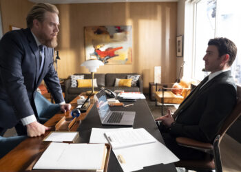 SUITS LA -- "Acapulco" Episode 108 -- Pictured: (l-r) Josh McDermitt as Stuart Lane, Bryan Greenberg as Rick Dodson -- (Photo by: Nicole Weingart/NBC)