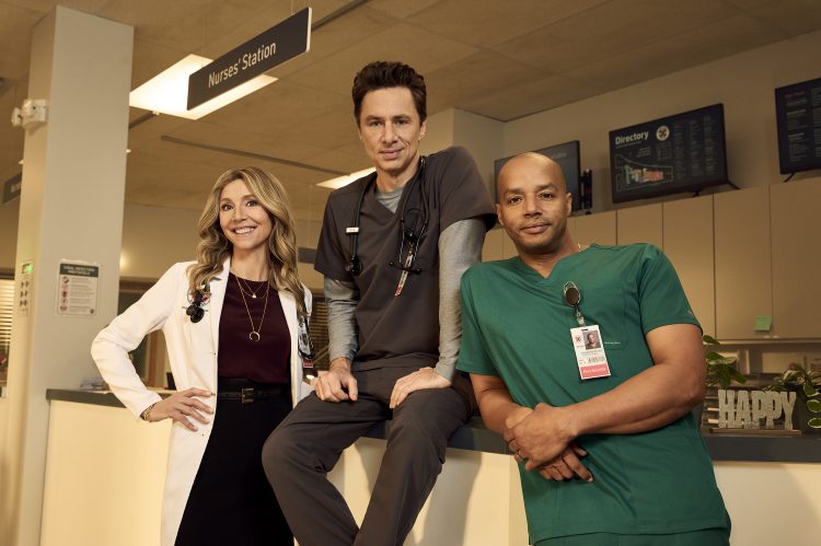 SCRUBS - ABC's “Scrubs” stars Sarah Chalke as Elliot Reid, Zach Braff as John "J.D." Dorian, and Donald Faison as Christopher Turk. (Disney/Brian Bowen Smith)
